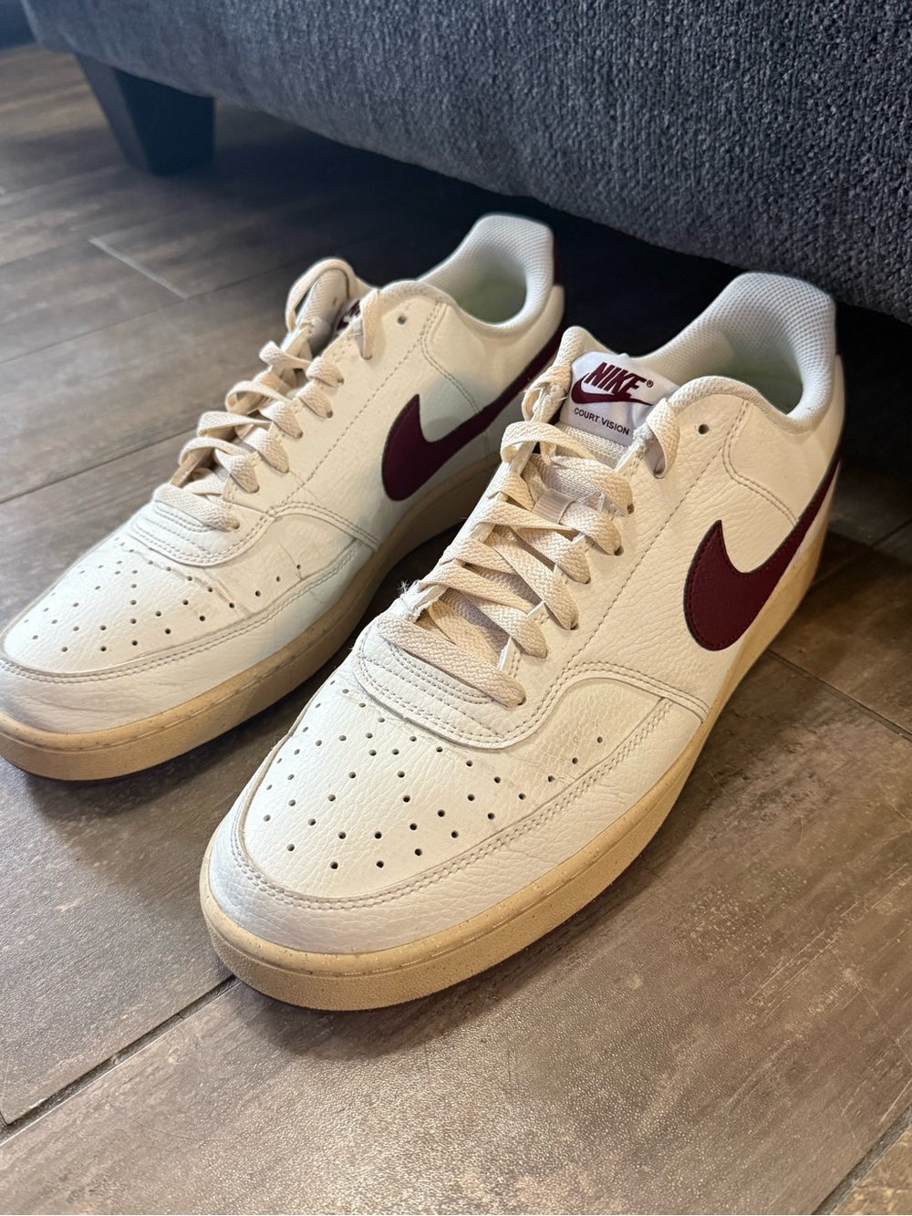 Nike Men’s Court Vision Low Sneakers — Cream with Maroon Swoosh